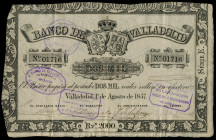 2.000 reales de vellón. 1857. Banco de Valladolid. (Ed-135). 1 de agosto. Serie E. Firmado y con cuatro tampones de liquidación distintos. Raro. MBC+....