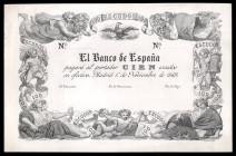 100 escudos. 1869. Madrid. (Ed-238P). 1 de diciembre. Prueba de anverso. Sin numeración y firmas, sobre cartulina blanca. Rara. EBC+. Est...300,00. 
...
