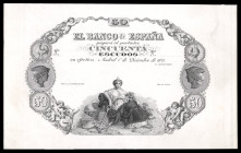 50 escudos. 1871. Madrid. (Ed-246P). 1 de diciembre. Prueba de anverso. Sin numeración y firmas, sobre cartulina blanca. Rara. EBC+. Est...300,00. 
...