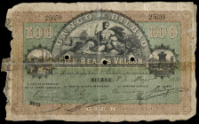 100 reales de vellón. 1873. Banco de Bilbao. (Ed). 8 de mayo. Serie F. Con firmas y numeración. Tres taladros centrales y cifra 2010 aplicada con nume...
