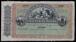 100 reales de vellón. 18... (1857). Banco de Bilbao. (Ed-143). (21 de agosto). Serie F. Sin firmas, con numeración y matriz lateral izquierda guilloti...