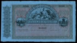 4.000 reales de vellón. 18... (1857). Banco de Bilbao. (Ed-148). (21 de agosto). Serie A. Sin firmas, con numeración y matriz lateral izquierda guillo...
