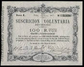 100 reales de vellón. 1870. La Tour de Peilz. (Ed-196). 30 de mayo. Serie A. I emisión con sello en seco de la "Secretaría de Hacienda". Tres leves do...
