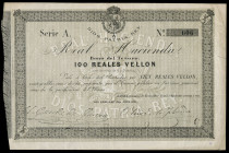 100 reales de vellón. 1873. Bayona. Real Hacienda. (Ed-210). Bono del Tesoro. 1 de noviembre. Serie A. Dobleces centrales y marginales. Puntos de aguj...