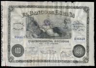400 escudos. 1872. (Ed-254a). 30 de noviembre. Cinco taladros reparados y llamativas reparaciones de roturas parciales del billete. Muy raro. BC+. Est...