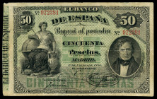 50 pesetas. 1884. Madrid. (Ed-283). 1 de enero, Juan Álvarez Mendizábal. Acusados dobleces y pequeñas roturas. Raro. MBC-. Est...650,00. 

English d...