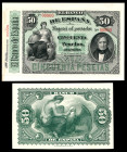 50 pesetas. 1884. (Ed-283M var). 1 de enero, Juan Álvarez Mendizábal. Muestras de anverso y reverso sobre cartulina fina. Año manuscrito al dorso. La ...