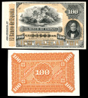 100 pesetas. 1884. (Ed-284M var). 1 de enero, Juan Álvarez Mendizábal. Muestras de anverso y reverso sobre cartulina fina. Año manuscrito al dorso. La...