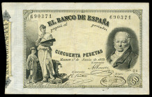 50 pesetas. 1889. Madrid. (Ed-298). 1 de julio, Francisco de Goya. Color intenso. Dobleces. Muy raro. MBC-. Est...1000,00. 

English description: 50...
