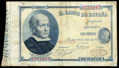 100 pesetas. 1893. Madrid. (Ed-302). 24 de julio, Jovellanos. Dobleces y múltiples reparaciones. Algunas manchas del tiempo. Raro. BC. Est...700,00. ...