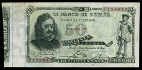 50 pesetas. 1899. Madrid. (Ed-307a). 25 de noviembre. Francisco de Quevedo. Serie F. Dobleces y puntito de aguja. Raro, más sin reparaciones. MBC+. Es...