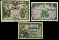Lote de 3 billetes de 1906; 25 pesetas serie A, 50 pesetas serie B y 100 pesetas sin serie. Todos con dobleces y manchas del tiempo. (Ed-313/315). BC/...