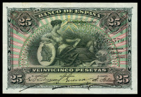 25 pesetas. 1907. Madrid. (Ed-318). 15 de julio, Patio de los leones, Alhambra de Granada. Dobleces. Escaso. MBC+. Est...150,00. 

English descripti...