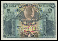 50 pesetas. 1907. Madrid. (Ed-319). 15 de julio, Catedral de Burgos. Doblez central y transversal. MBC+. Est...90,00. 

English description: 50 pese...