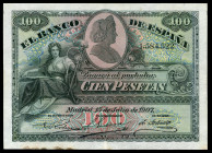 100 pesetas. 1907. Madrid. (Ed-320). 15 de julio, Catedral de Sevilla. Doblez central. Pequeñas reparaciones y manchas del tiempo en el margen inferio...
