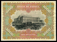1.000 pesetas. 1907. Madrid. (Ed-322Pa). Prueba de color de reverso, Palacio Real de Madrid. Precioso ejemplar. Muy rara. Est...500,00. 

English de...