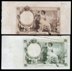 25 pesetas. 1908. (Ed-NE14Pb). 1 de diciembre. Lote de 2 pruebas de grabado en verde y marrón, del reverso de un billete que no llegó a imprimirse, so...