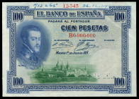 100 pesetas. 1925. Madrid. (Ed-323P). 1 de julio, Felipe II. Prueba de control. Sin firma del cajero y taladro CANCELLED. Serie C. En anverso numeraci...