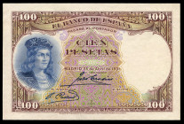 100 pesetas. 1931. Madrid. (Ed-360Pa). 25 de abril, Gonzalo Fernández de Córdoba. Prueba de color de anverso. Sin firma del cajero y sin taladros. Dob...