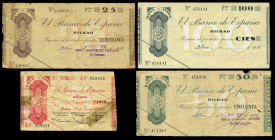 Lote de 4 billetes 1936-1937. Bilbao. Antefirmas diferentes. Dobleces, pequeñas roturas y algunas manchas. Est...60,00. 

English description: Lot o...