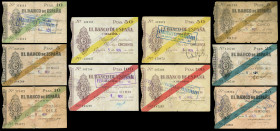 Lote de 10 billetes, dos series completas. 1936. Gijón. 5 (dos), 10 (dos), 25 (dos), 50 (dos) y 100 pesetas (dos). (Ed. 380 a 384). Todos con dobleces...