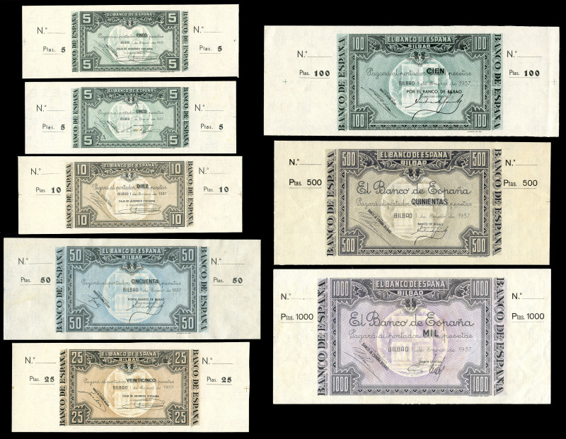 1 de enero de 1937. Bilbao. Serie de los 8 billetes de 5 (con serie y sin serie)...