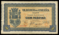 100 pesetas. Septiembre 1937. Gijón. (Ed-399). Sin serie y numerado. MBC. Est...30,00. 

English description: 100 pesetas. September 1937. Gijón. (E...