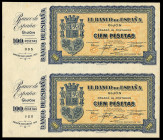 100 pesetas. 1937. Gijón. (Ed-399b). Septiembre. Bloque de dos billetes sin numeración y con matriz. Algunas manchitas. Raros. SC-. Est...350,00. 

...