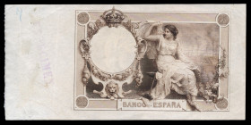 25 pesetas. 1908. (Ed-NE14Pb). 1 de diciembre. Prueba de grabado en marrón, del reverso de un billete que no llegó a imprimirse, sobre papel blanco co...