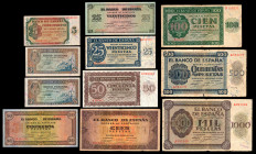 Lote de 11 billetes; valores de 5, 25, 50, 100, 500 y 1.000 pesetas. Emisiones de 1936, 1938 y 1940. En su gran mayoría con dobleces y algunos con rot...