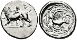 Sikyonia. Stater. 431-400 BC. Sikyon. (Bmc-56). (BCD-211). (Hgc-5,201). Anv.: Chimaera advancing to left, right paw raised; ΣE below, wreath above. Re...