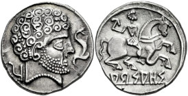 Arsaos. Denarius. 120-80 BC. Area of Navarra. (Abh-139). (MIB-85/14c). (Acip-1656). Anv.: Bearded male head right, dolphin before, plough behind. Rev....