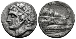 Hispanic-Carthaginian Coinage. Dishekel. 235-220 BC. Cartagonova. (Abh-481). (MIB-8/30, Plate coin). (Acip-548). Anv.: Diademed male head (Hamilcar?) ...