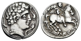 Iltirtasalirban. Denarius. 200-20 BC. Lleida (Cataluña). (Abh-1455). (MIB-67/58e). (Acip-1233). Anv.: Male head right, three dolphins around. Rev.: Ho...