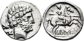 Bolskan. Denarius. 180-20 BC. Huesca. (Abh-1911). (MIB-79/07a). Anv.: Bearded head right, iberian letters BON behind. Rev.: Horseman right, holding sp...