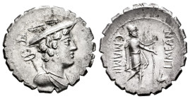 Mamilius. C. Mamilius Limetanus. Denarius. 82 BC. Auxiliary mint of Rome. (Ffc-835). (Craw-362/1). (Cal-920). Anv.: Bust of Mercury right, caduceus be...