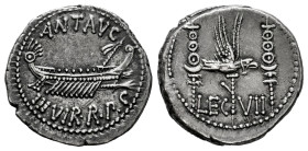 Mark Antony. Denarius. 32-31 BC. Mint moving. (Ffc-38). (Craw-544/20). (Cal-185). Anv.: ANT. AVG. III. VIR. R.P.C. praetorian galley right. Rev.: LEG....