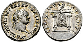 Titus. Denarius. 80 AD. Rome. (Ric-23b). (Rsc-316). Anv.: IMP TITVS CAES VESPASIAN AVG P M, laureate head right. Rev.: TR P IX IMP XV COS VIII P P, wi...