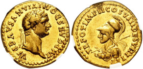 Domitian. Aureus. 82 AD. Rome. (Ric-II 1 137). (Biaggi-437). (Calicó-936). Anv.: IMP CAES DOMITIΛNVS AVG P M. Laureate head right. Rev.: TR POT IMP II...
