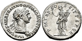 Trajan. Denarius. 114-117 AD. Rome. (Ric-343). Anv.: IMP CAES NER TRAIANO OPTIMO AVG GER DAC, laureate draped bust right. Rev.: P M TR P COS VI P P SP...