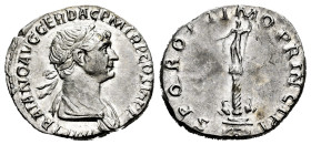 Trajan. Denarius. 113-114 AD. Rome. (Ric-II 292). (Woytek-425v). (Bmcre-454). Anv.: IMP TRAIANO AVG GER DAC P M TR P COS VI P P, laureate and draped b...