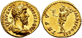 Lucius Verus. Aureus. 165 AD. Rome. (Ric-III 535). (Calicó-2181). (Bmcre-379). Anv.: L VERVS ΛVG ΛRMENIΛCVS, laureate, draped, and cuirassed bust righ...