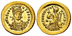 Theodosius II. Solidus. 441-450 AD. Constantinople. (Ric-X 323). (Depeyrot-84/1). Anv.: D N THEODOSIVS P F AVG, pearl-diademed, helmeted and cuirassed...