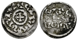 County of Barcelona. Charles le Chauve (840-877). Obol. Barcelona. (A. Balaguer-Type 8 Unlisted var.). Anv.: + CARLVƧ REX. Central cross with pellets ...