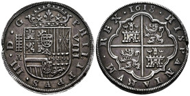 Philip III (1598-1621). 8 reales. 1618. Segovia. A. (Cal-949). (Jarabo-Sanahuja-B277). Ag. 27,29 g. Aqueduct with two rows of ive arches. Three fleurs...