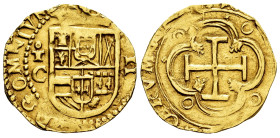 Philip III (1598-1621). 2 escudos. (1600/599). Toledo. C. (Cal-1082). (Tauler-103). Au. 6,73 g. OMNIVM type, fully visible. Date no visible. Deep stri...