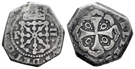 Philip IV (1621-1665). 2 reales. 1652. Pamplona. Navarra. (Cal-892). (Ros-4.5.11, RR-5). Ag. 6,23 g. “P” flanked by dots to the left of the shield, an...