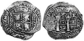 Philip IV (1621-1665). 8 reales. 1652. Potosi. E. (Mastalir-VII.1-A.da(1)2, Plate coin). (Cal-1496). Ag. 24,04 g. Transitional type. A/P/8 to the left...
