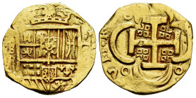 Philip IV (1621-1665). 4 escudos. ND. Sevilla. R. (Cal-Type 26). (Tauler-59 similar). Au. 13,35 g. Date not visible. Tarces of mounting. Used as a jew...