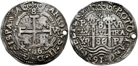 Charles II (1665-1700). 8 reales. 1686. Potosi. VR. (Cal-682). (Lazaro-216). Ag. 27,24 g. "Royal" type, (Galano). Triple date and triple assayer, full...